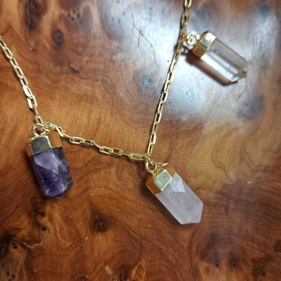 "Paradise" Genuine Rose Quartz, Amethyst, and Quartz Point Necklace - Picture 3 of 3
